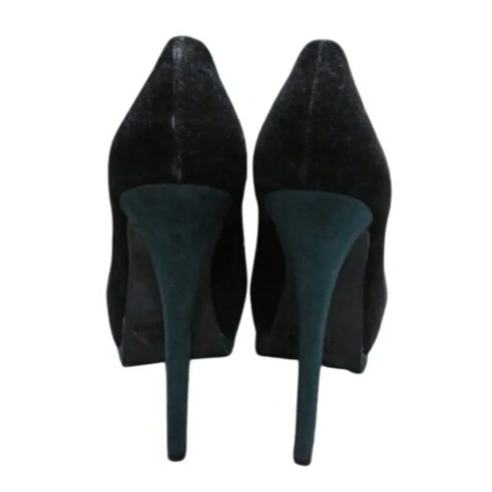 Qupid Retro Black & Green Suede Leather Peep Toe Platform Heels with buckles